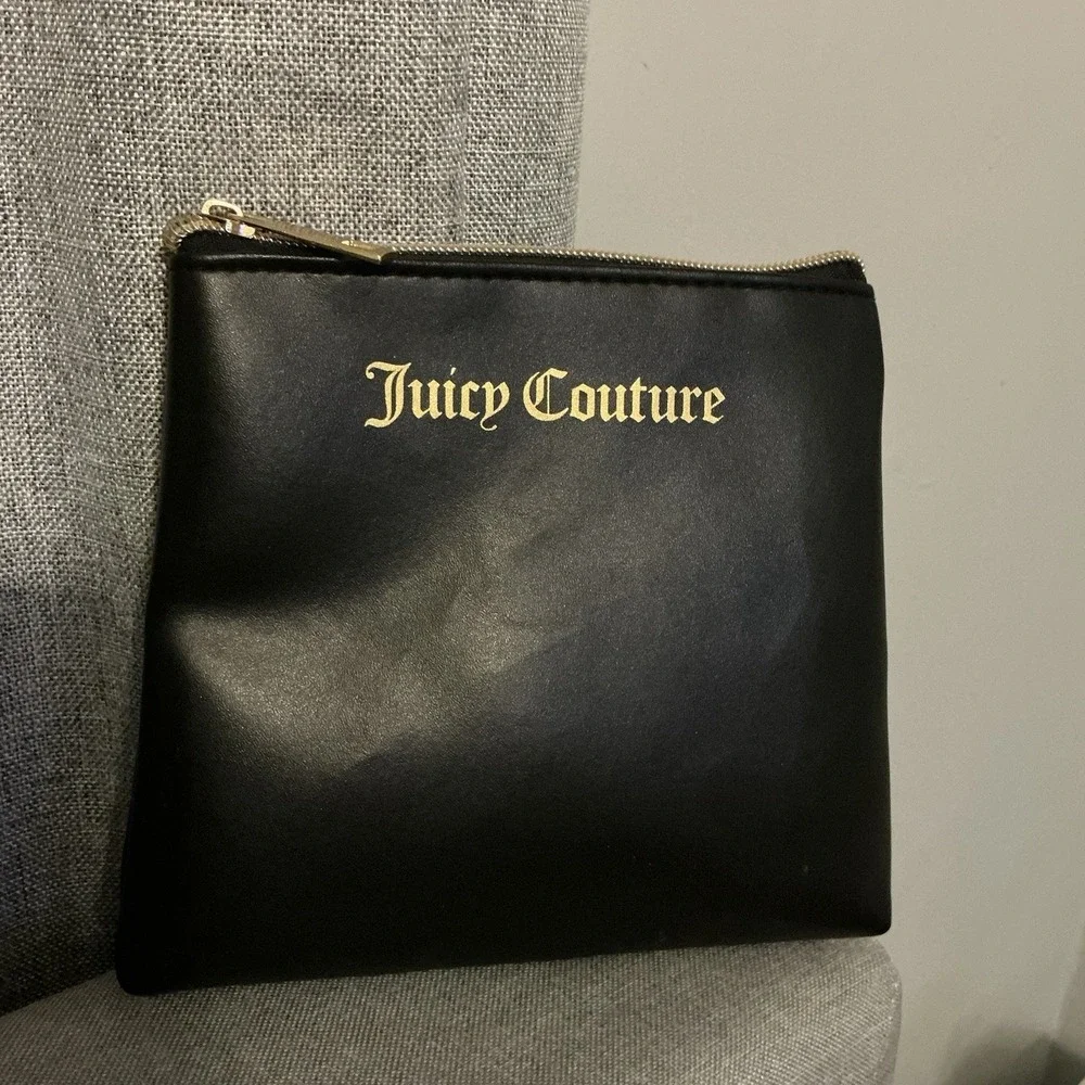 Juicy‎ Couture Black Faux Leather Logo Pouch Cosmetic Bag Gold Hardware Makeup